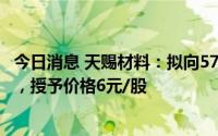 今日消息 天赐材料：拟向572人授予551.01万股限制性股票，授予价格6元/股