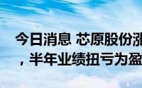 今日消息 芯原股份涨16%股价创逾半年新高，半年业绩扭亏为盈