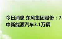 今日消息 东风集团股份：7月当期销售量为23.84万辆，其中新能源汽车3.1万辆