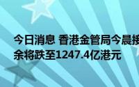 今日消息 香港金管局今晨接约15亿港元沽盘，银行体系结余将跌至1247.4亿港元