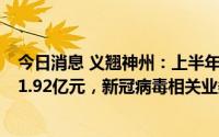 今日消息 义翘神州：上半年归母净利润同比下滑56.58%至1.92亿元，新冠病毒相关业务收入同比下降76.33%