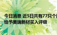 今日消息 近5日共有77只个股首次获得机构关注，国联证券给予美瑞新材买入评级