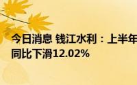 今日消息 钱江水利：上半年归母净利润约约8211.78万元，同比下滑12.02%