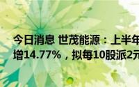今日消息 世茂能源：上半年归母净利约9567.4万元，同比增14.77%，拟每10股派2元