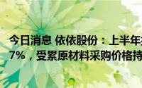 今日消息 依依股份：上半年扣非后归母净利润同比下降18.27%，受累原材料采购价格持续上涨