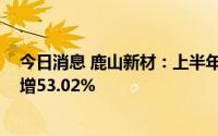 今日消息 鹿山新材：上半年归母净利润7715.1万元，同比增53.02%