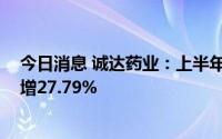 今日消息 诚达药业：上半年归母净利润6509.1万元，同比增27.79%