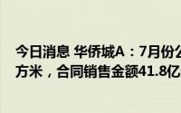 今日消息 华侨城A：7月份公司实现合同销售面积19.5万平方米，合同销售金额41.8亿元