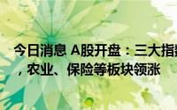 今日消息 A股开盘：三大指数小幅高开，创业板指涨0.27%，农业、保险等板块领涨