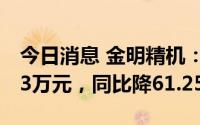 今日消息 金明精机：上半年归母净利1048.13万元，同比降61.25%