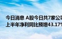 今日消息 A股今日共7家公司披上半年业绩预告，佩蒂股份上半年净利同比预增43.17%