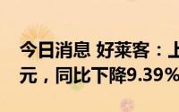 今日消息 好莱客：上半年归母净利润1.25亿元，同比下降9.39%