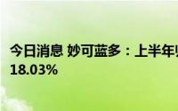 今日消息 妙可蓝多：上半年归母净利润1.32亿元，同比上涨18.03%