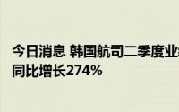 今日消息 韩国航司二季度业绩大幅改善，大韩航空营业利润同比增长274%