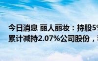 今日消息 丽人丽妆：持股5%以上股东及其一致行动人近期累计减持2.07%公司股份，套现约1.38亿元