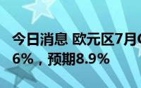 今日消息 欧元区7月CPI同比升8.9%，前值8.6%，预期8.9%