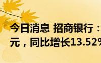 今日消息 招商银行：上半年净利润694.20亿元，同比增长13.52%