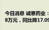 今日消息 诚意药业：上半年归母净利6495.58万元，同比降17.09%