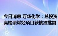 今日消息 万华化学：总投资176亿元120万吨/年乙烯及下游高端聚烯烃项目获核准批复