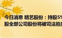 今日消息 精艺股份：持股5%以上股东宏远创佳所持3680万股全部公司股份将被司法拍卖