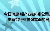 今日消息 铝产业链8家公司上半年归母净利润实现同比增长，电解铝行业供强需弱的局面有望得到改善