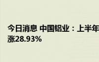 今日消息 中国铝业：上半年归母净利润39.89亿元，同比上涨28.93%