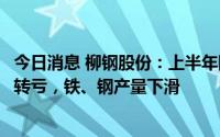 今日消息 柳钢股份：上半年同比盈转亏至9.57亿元，同比盈转亏，铁、钢产量下滑