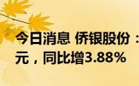 今日消息 侨银股份：上半年归母净利1.56亿元，同比增3.88%