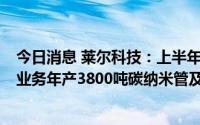 今日消息 莱尔科技：上半年盈利同比跌28.46%，拟投建新业务年产3800吨碳纳米管及3.8万吨碳纳米管导电浆料项目