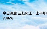 今日消息 三友化工：上半年归母净利润7.3亿元，同比下降37.46%