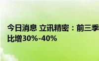 今日消息 立讯精密：前三季度预盈60.97亿-65.66亿元，同比增30%-40%