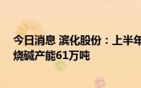 今日消息 滨化股份：上半年归母净利润同比下降29.66%，烧碱产能61万吨