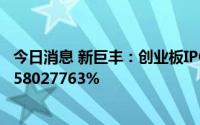今日消息 新巨丰：创业板IPO回拨后网上发行中签率为0.0258027763%