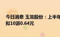 今日消息 玉龙股份：上半年归母净利润同比下滑47.22%，拟10派0.64元