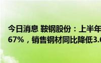 今日消息 鞍钢股份：上半年归母净利润17.16亿元，同比跌67%，销售钢材同比降低3.62%