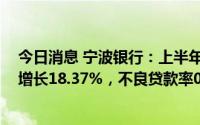 今日消息 宁波银行：上半年归母净利润112.68亿元，同比增长18.37%，不良贷款率0.77%