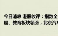 今日消息 港股收评：指数全天高位窄幅震荡，融资租赁概念股、教育板块领涨，北京汽车盘中一度涨超30%