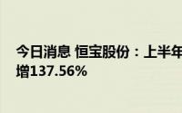 今日消息 恒宝股份：上半年归母净利润约3446万元，同比增137.56%