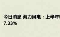 今日消息 海力风电：上半年归母净利润1.9亿元，同比下降67.33%