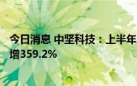 今日消息 中坚科技：上半年归母净利润1749.68万元，同比增359.2%