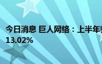 今日消息 巨人网络：上半年归母净利润4.99亿元，同比下降13.02%