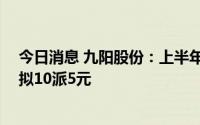 今日消息 九阳股份：上半年归母净利润同比下降23.27%，拟10派5元