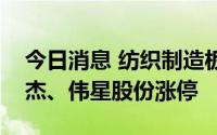 今日消息 纺织制造板块午后继续走高，嘉麟杰、伟星股份涨停