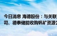 今日消息 海德股份：与关联方永泰能源合作设立储能科技公司、德泰储能收购钒矿资源公司股权