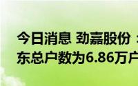 今日消息 劲嘉股份：截至8月31日，公司股东总户数为6.86万户