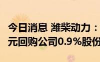 今日消息 潍柴动力：截至8月底，累计9.44亿元回购公司0.9%股份