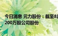 今日消息 元力股份：截至8月31日，已用2652.13万元回购200万股公司股份