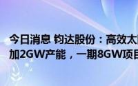 今日消息 钧达股份：高效太阳能电池片生产基地项目二期增加2GW产能，一期8GW项目将于下半年量产