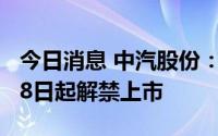 今日消息 中汽股份：1703.03万股限售股9月8日起解禁上市