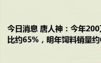 今日消息 唐人神：今年200万头生猪出栏目标中本部出栏占比约65%，明年饲料销量约650万吨